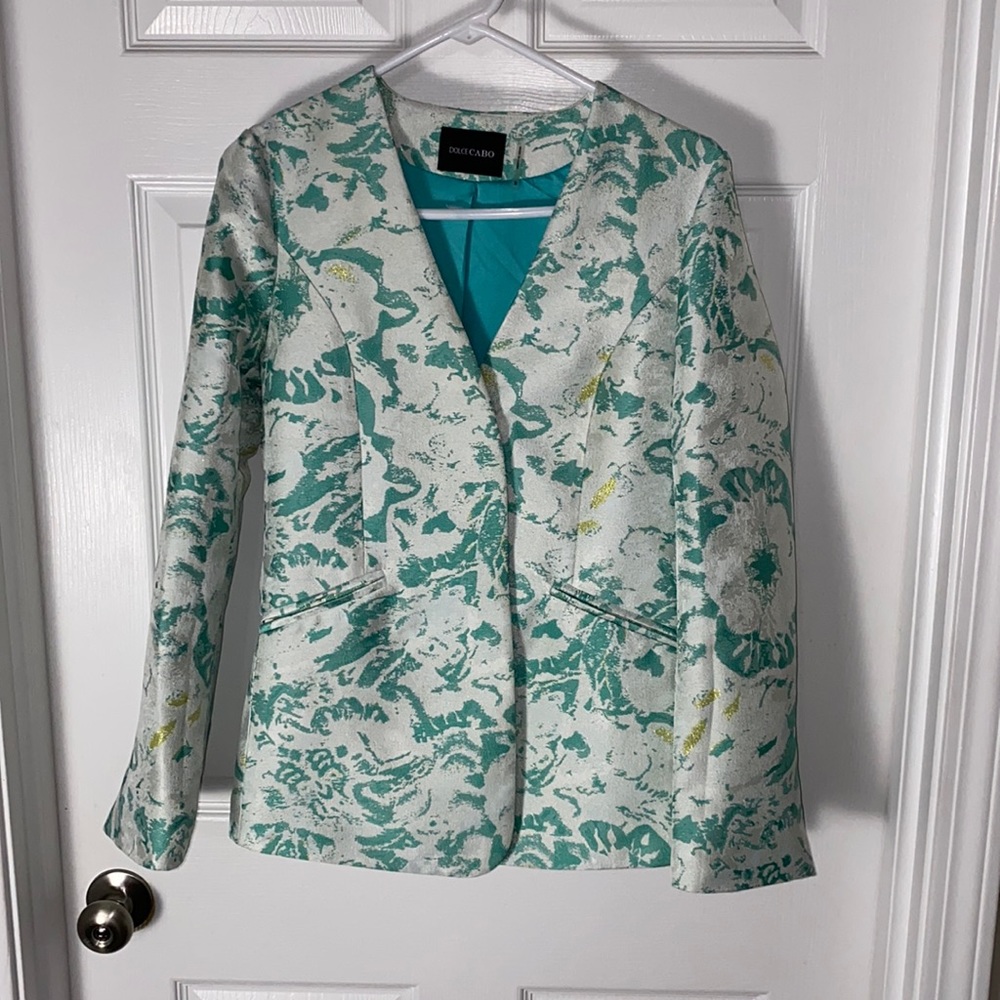 DOLCE CABO Womens Blazer Jacket Size Small Teal Blue/Seafoam V-Neck hook closure